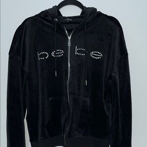Bebe Black Velour Hoodie with Rhinestone Logo